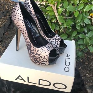 Black and white cheetah print peek toe high heel shoes by Aldo